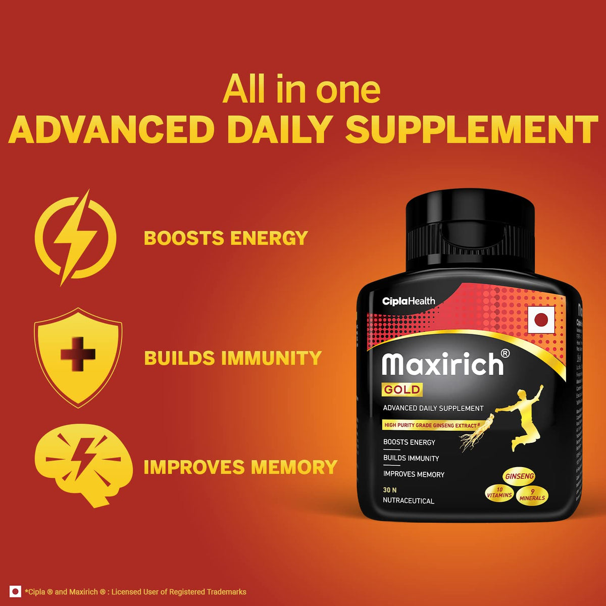 Cipla Maxirich Gold Daily Multivitamin (90 Softgels) with high purity grade Ginseng Extract*, 10 Vitamins and 9 Minerals | Boosts Energy & Immunity | Reduces Fatigue | Helps Improve Mental Alertness