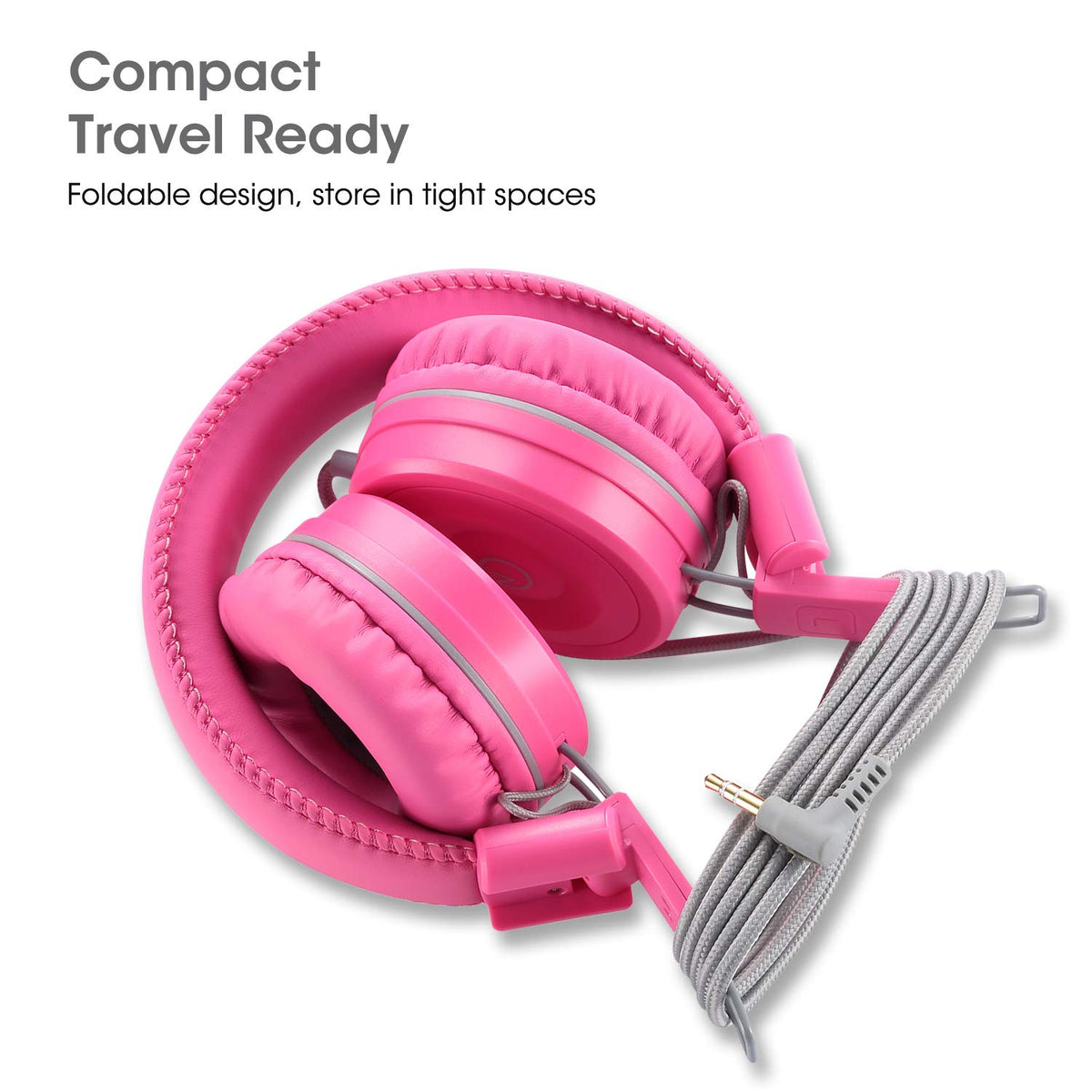 noot products Kids Headphones K22 Foldable Stereo Tangle-Free 5ft Long Cord 3.5mm Jack Plugin Wired On-Ear Headset for iPad/Amazon Kindle Fire/Girls/School/Laptop/Travel/Plane/Tablet FlamingoPink