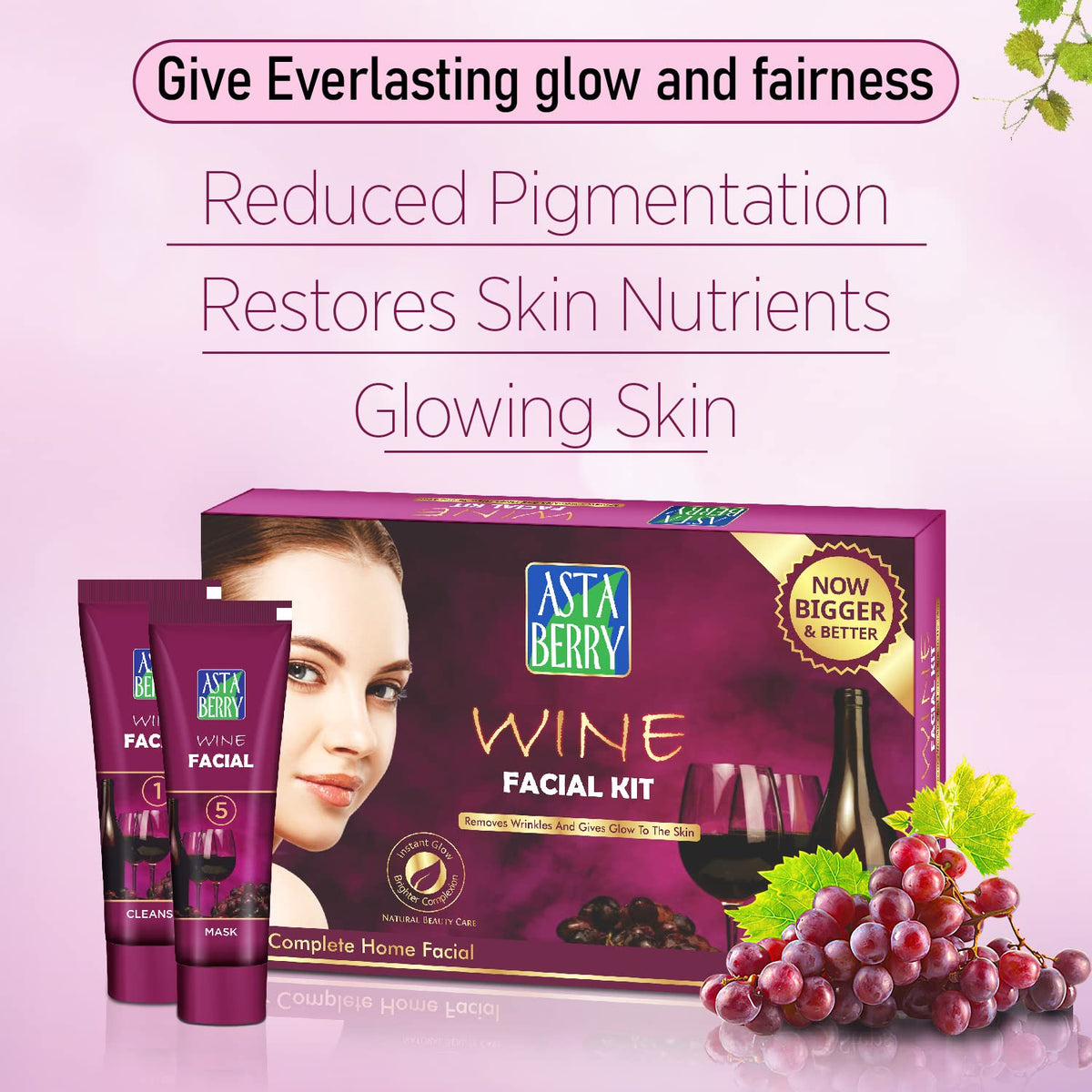 Astaberry Wine Mini Facial Kit, 5 Step for Skin Glowing | Ultimate Glow | Removes Wrinkle & Dark Spot | Restores skin nutrients | Reduced pigmentation | For Women -100 gm