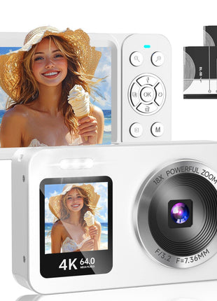 WABL Digital Camera, 4K 64MP UHD Dual Screens Camera, 18X Zoom, Portable Small Point and Shoot Digital Cameras with 64GB TF Card, 2 Rechargeable Batteries for Kids, Teens, Adult, Selfies, Gifts- White