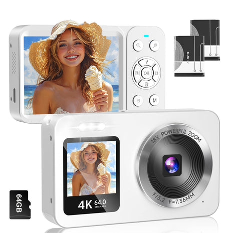 WABL Digital Camera, 4K 64MP UHD Dual Screens Camera, 18X Zoom, Portable Small Point and Shoot Digital Cameras with 64GB TF Card, 2 Rechargeable Batteries for Kids, Teens, Adult, Selfies, Gifts- White