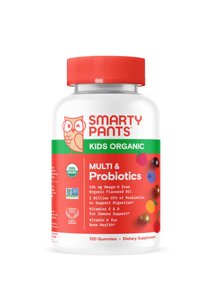 SmartyPants Organic Kids Multivitamin Gummies: Probiotics, Omega 3 (ALA), Vitamin D3, C, Vitamin B12, B6, A, K & Zinc for Immune Support, Biotin, Three Fruit Flavors, 120 Count (30 Day Supply)