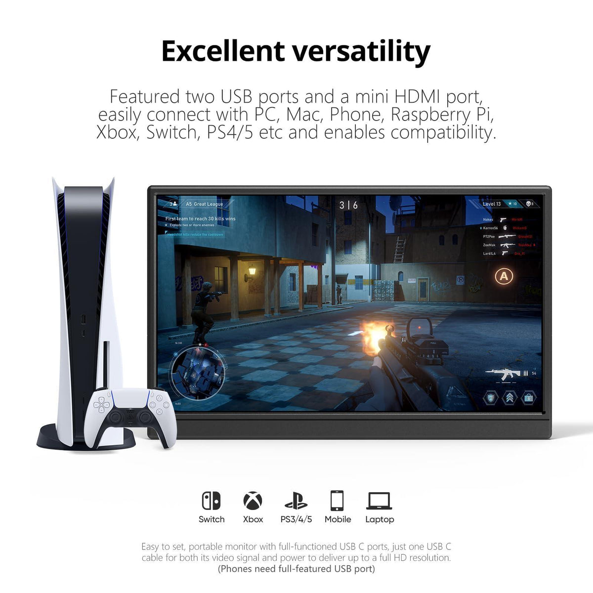 Anyuse Portable Monitor 15.6 Inch 1080P USB-C HDMI Ultra-Slim Travel Monitor with Kickstand, for Laptop, PC, Mac Phone, PS, Xbox, Swich IPS Ultra-Thin Zero Frame Gaming
