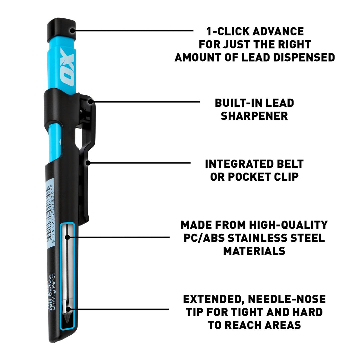 OX Tools Carpenter Pencils Pro Tuff Carbon Marking Pencil Mechanical Construction Pencil With 4 Leads & Holder with Belt Clip and Sharpener for a Consistent Fine Point - Best Marking Tools