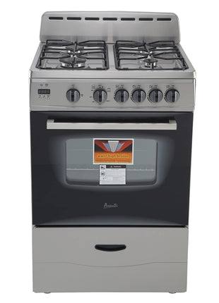 Avanti Compact Gas Range Oven 24-Inch with 4 Sealed Burners Automatic Electronic Ignition Large 2.6 cu.ft. Oven Storage Drawer Glass Door and Oven Light, in Stainless Steel