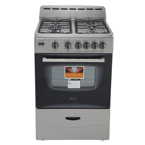 Avanti Compact Gas Range Oven 24-Inch with 4 Sealed Burners Automatic Electronic Ignition Large 2.6 cu.ft. Oven Storage Drawer Glass Door and Oven Light, in Stainless Steel