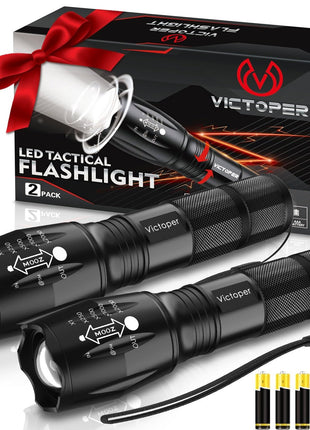 Victoper LED Flashlight 2 Pack, Bright Tactical Torch High Lumens 5 Modes, Waterproof Zoomable Flash Light for Outdoor, Birthday Gifts for Men, Dorm Room Hiking Camping Essentials Gear for Guys