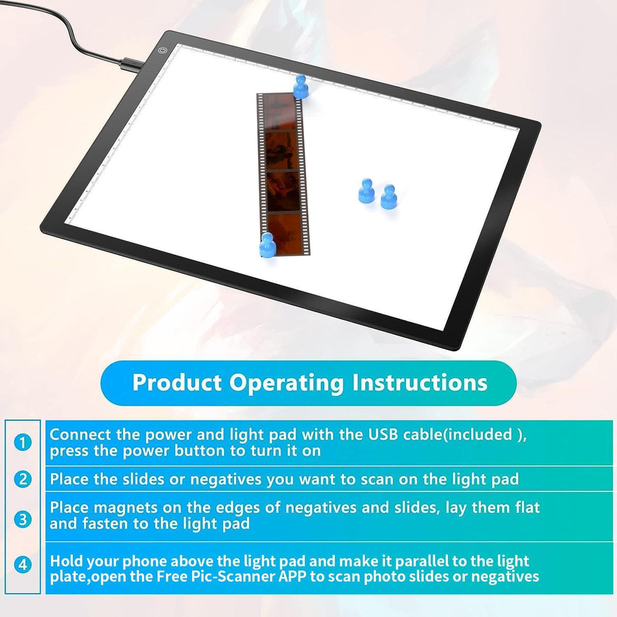Eyesen Slide Viewer Light Box, for Scanning Film Negatives and Slides, Artist Sketching, A4 Ultra-Thin Light Pad Scanner with 3 Adjustable Brightness, USB Powered
