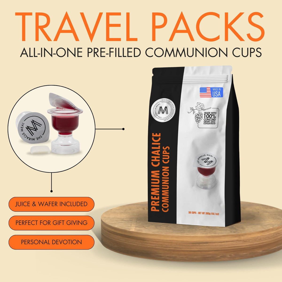 Travel Pack - The Miracle Meal Pre-Filled Premium Chalice Cup - Bag of 50 with Wafer and 100% Concord Grape Juice
