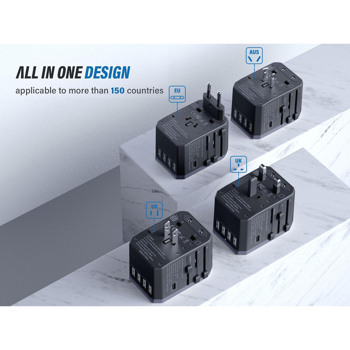 EPICKA Universal Travel Adapter, European Travel Plug Adapter (Not a Voltage Converter) - International Power Adapter Worldwide Charger with USB-C & 4 USB-A Ports, Travel Essentials (TA-105, Grey)