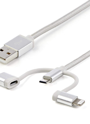 StarTech.com USB Multi Charging Cable - 3.3 ft / 1m - Lightning / USB-C / Micro-USB - Braided - MFi Certified - USB 2.0 - 3 in 1 Charging (LTCUB1MGR) Silver