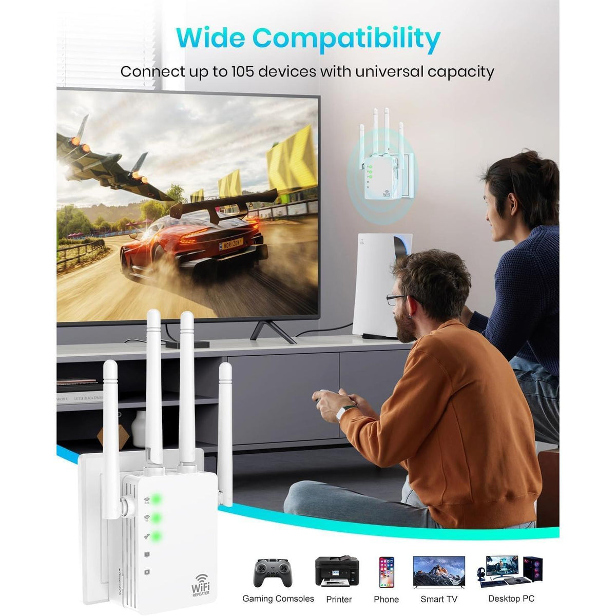 WiFi Extender, WiFi Extender Signal Booster Dual-Band(5.8G&2.4G) Wireless Repeater Coverage to 12880 sq. ft & 105 Devices, 1-Tap Setup, Supports Ethernet Port, Faster Speed
