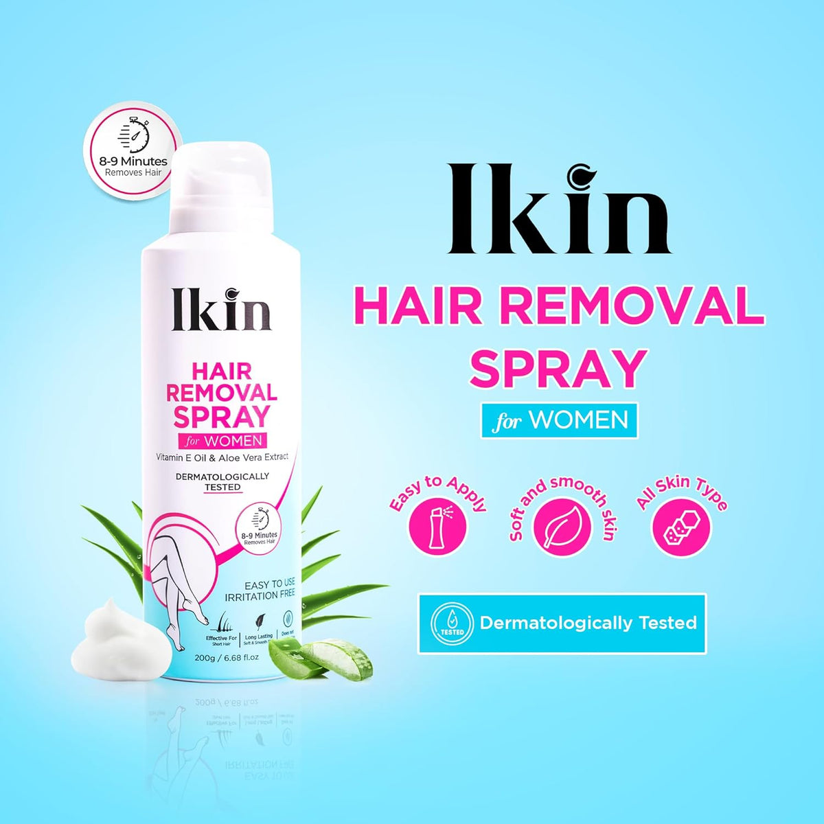 Ikin Hair Removal Spray for Women, 200gm | Vitamin E Oil & Aloe Vera Extract | Quick & Painless Hair Removal Spray For Armpits, Legs, Arms & Intimate Areas | Dermatologically Tested