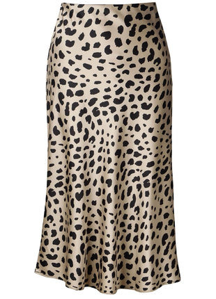 Soowalaoo High Waisted Leopard Midi Length Skirt Hidden Elasticized Waistband Silk Satin Summer Casual Trendy Ladies Skirts M