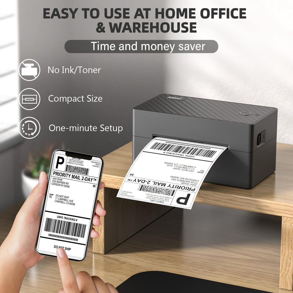 PEDOOLO Label Printer, 4x6 Shipping Label Thermal Printer for Packages, Bluetooth Conection and Compatible with Android. iPhone.Windows, Mac, Chromebook, Amazon, Ebay, UPS.USPS, FedEx, Shopify