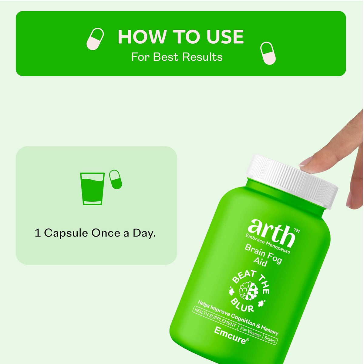 Arth Brain Fog Support | Memory booster for Women | Formulated with a highly potent Brahmi extract (B-Lit Bacopa), produced using proprietary BioEnhanced Active Technology for improved bioavailability and absorption | (30 Veg Capsules)