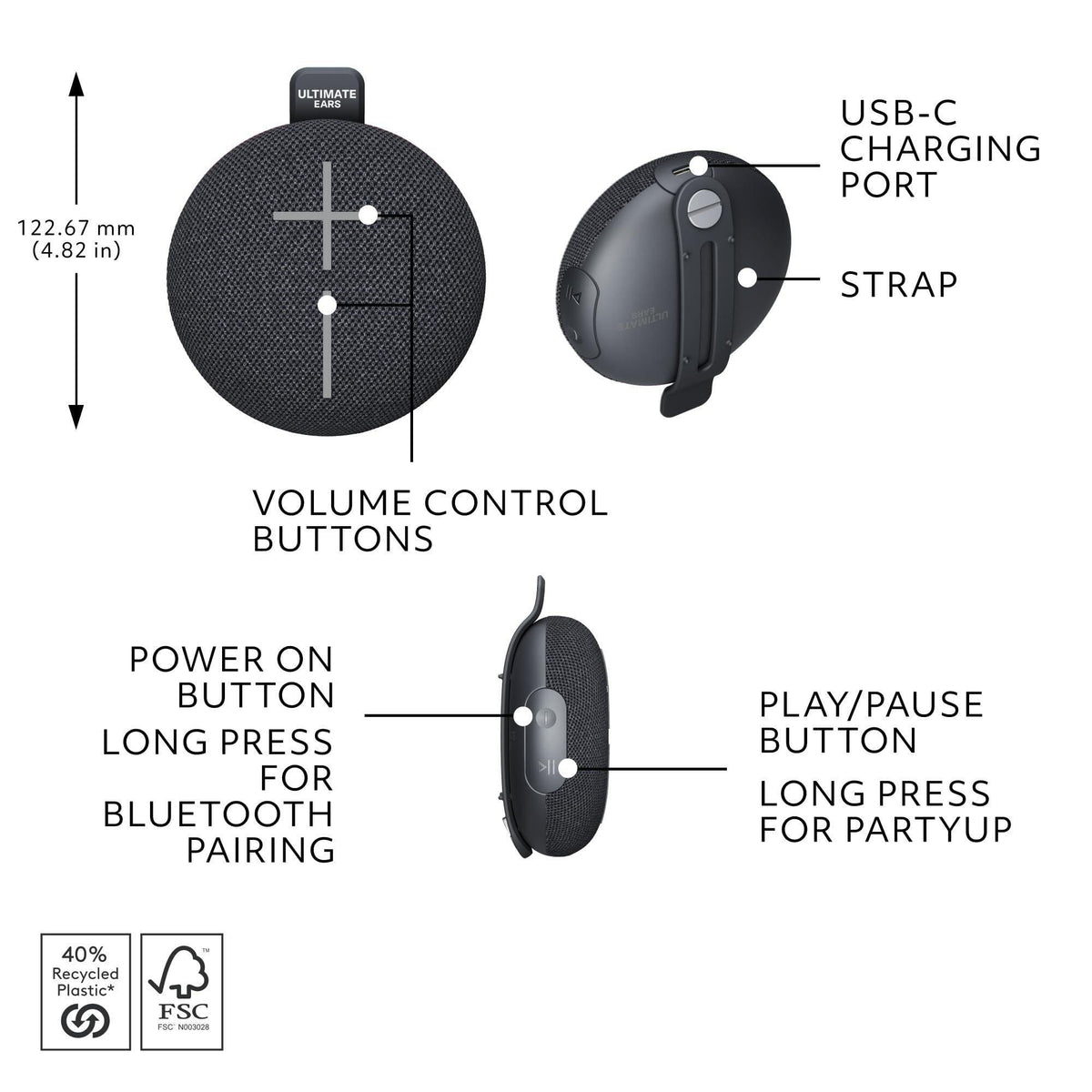 Ultimate Ears MINIROLL Ultra-Portable Waterproof Bluetooth Speaker, Big Bass, IP67 Dustproof, 131 ft (40 m) Range - Gentle Black