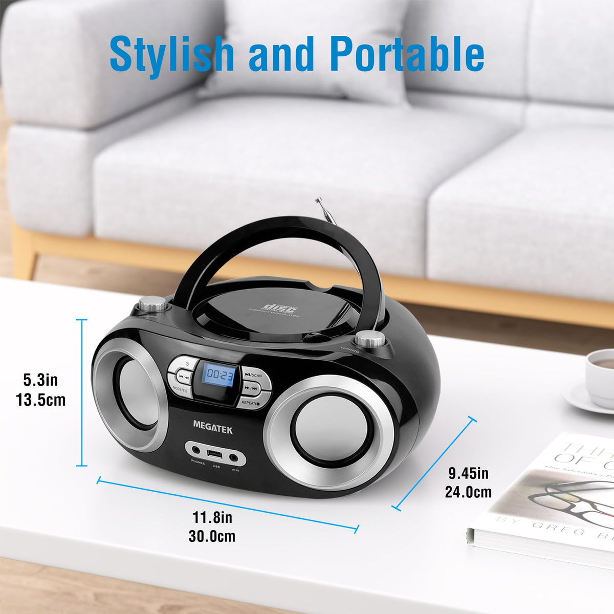 MEGATEK Portable CD Player Boombox with FM Radio, Bluetooth, USB Port, AUX Input, and Headphone Jack – CD-R/CD-RW/MP3-CD Compatible, Clear Stereo Sound, Backlit LCD Display – Black