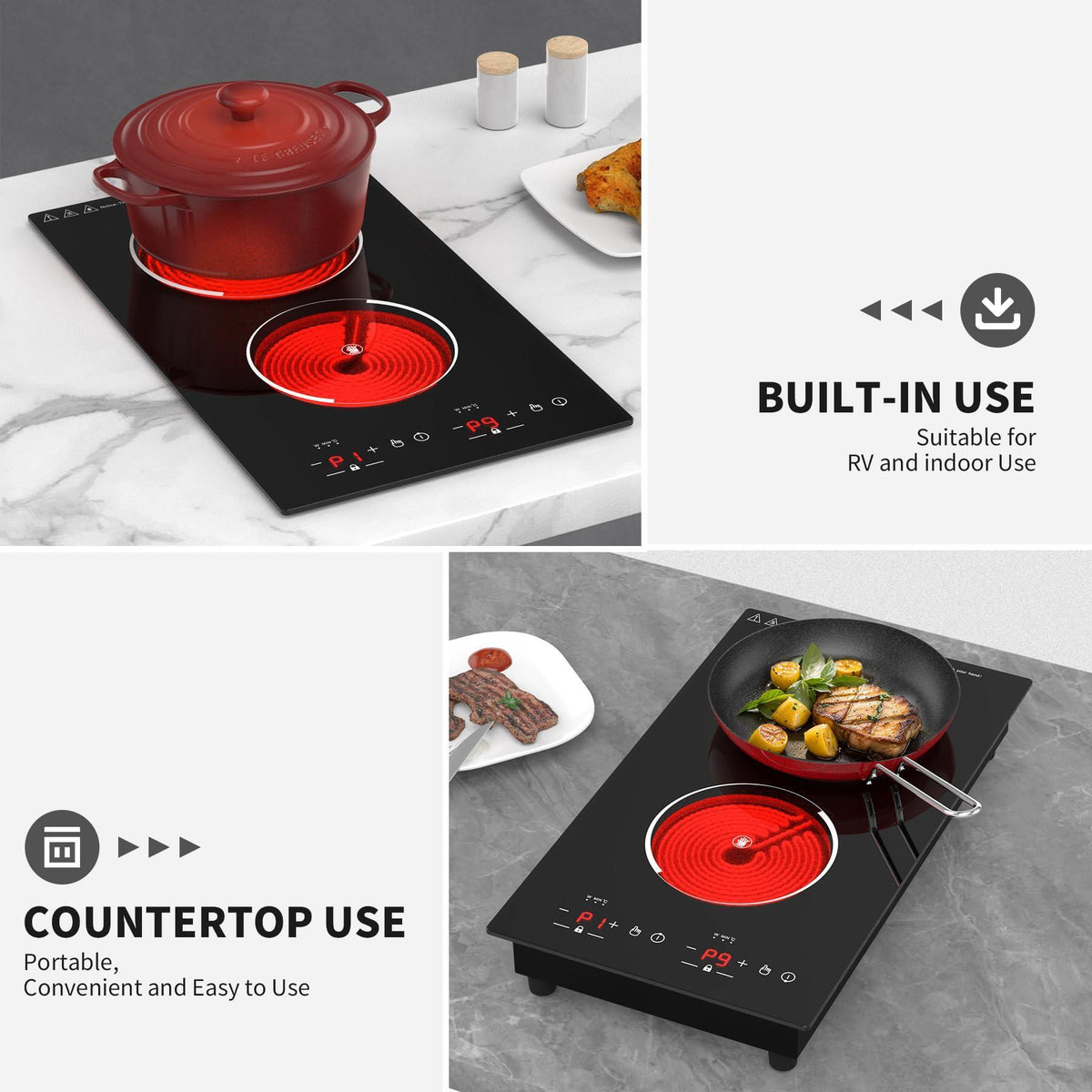 VBGK Electric Cooktop,12 Inch Built-in Radiant Electric Stove Top,110V 2100W 2 burner cooktop With 9 Heating Level, Timer & Kid Safety Lock, Sensor Touch Control 2 burner Induction Cooktop