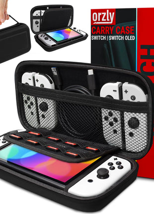 Orzly Carry Case Compatible with Nintendo Switch and New Switch OLED Console - Black Protective Hard Portable Travel Carry Case Shell Pouch with Pockets for Accessories and Games