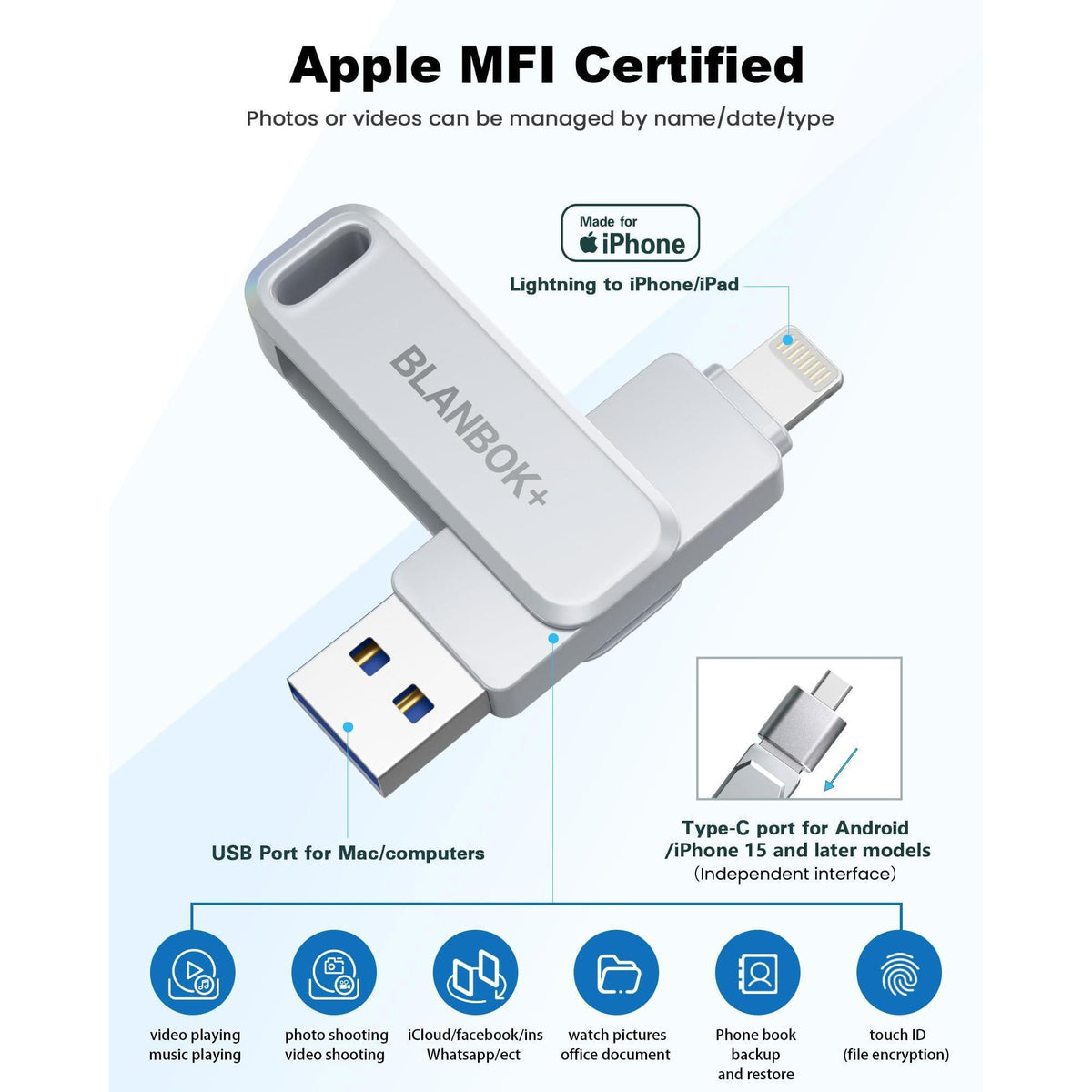MFi Certified 128GB Photo Stick for iPhone Flash Drive,USB Memory Stick Thumb Drives High Speed USB Stick External Storage Compatible for iPhone/iPad/Android/PC