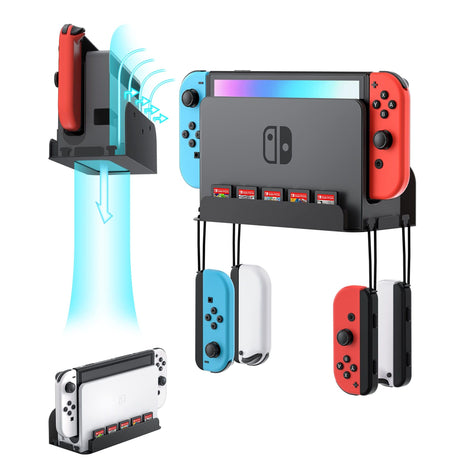 Wall Mount for Nintendo Switch 1 and Switch OLED, Metal Wall Mount Shelf Kit with 5 Game Card Holders and 4 Joy Con Hooks, Safely Store Switch Console Near or Behind TV, Black