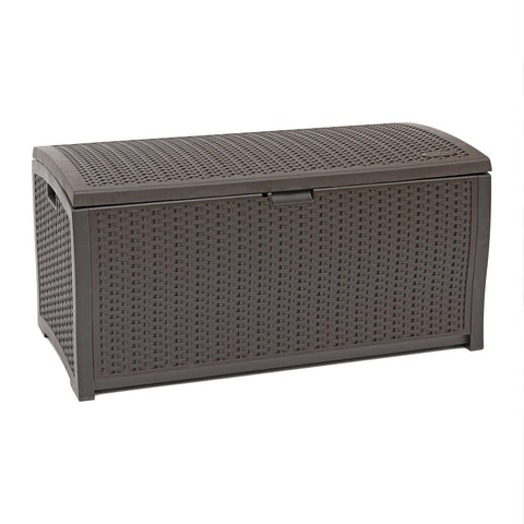 Suncast DBW9200 99 Gallon Outdoor Wicker Plastic Patio Storage Chest Bin with Handles for Patio, Garden, Garage, or Pool for All Weather, Mocha