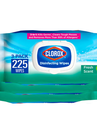 Clorox Disinfecting Wipes, Bleach Free, Household Essentials, Fresh Scent, Moisture Seal Lid, 75 Cleaning Wipes, Pack of 3 (New Packaging)