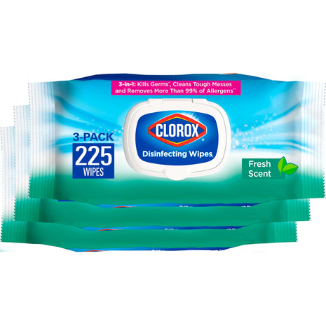 Clorox Disinfecting Wipes, Bleach Free, Household Essentials, Fresh Scent, Moisture Seal Lid, 75 Cleaning Wipes, Pack of 3 (New Packaging)