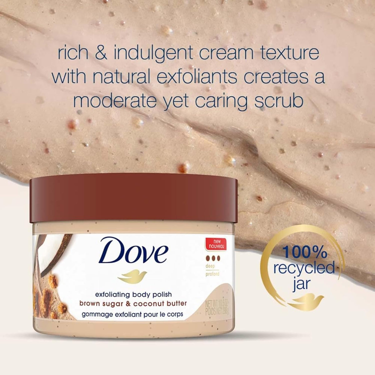 Dove Exfoliating Body Polish Scrub Dry Skin Brown Sugar & Coconut Butter,Gently Exfoliates & Moisturizes Instant Soft & Smooth Skin,Naturally Derived Ingredients,Sulfate-Free,Coconut Scent,298G