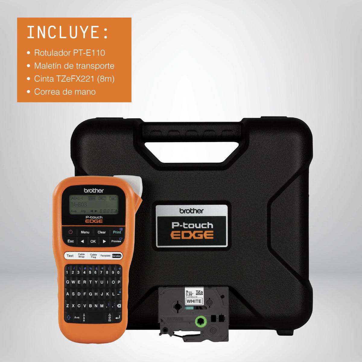 Brother PTE110 Entry Level Industrial Handheld Labeling Tool Kit - Up to 12mm Labels, Orange
