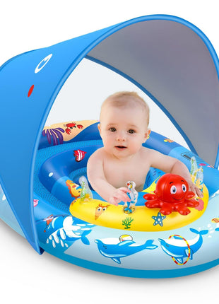 EZIGO Baby Pool Float Canopy UPF50+, Kids Floats for 6-36 Months Boys Girls | 120° Adjustable Sun Protection Toddler Swim Float with Squeaky Toys, Dual Air Chambers & Infant Baby Floatie with Safety Seat