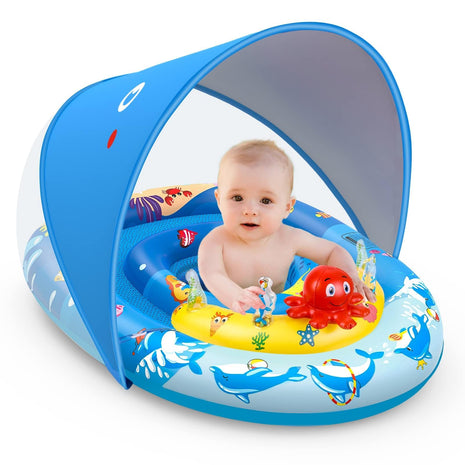 EZIGO Baby Pool Float Canopy UPF50+, Kids Floats for 6-36 Months Boys Girls | 120° Adjustable Sun Protection Toddler Swim Float with Squeaky Toys, Dual Air Chambers & Infant Baby Floatie with Safety Seat