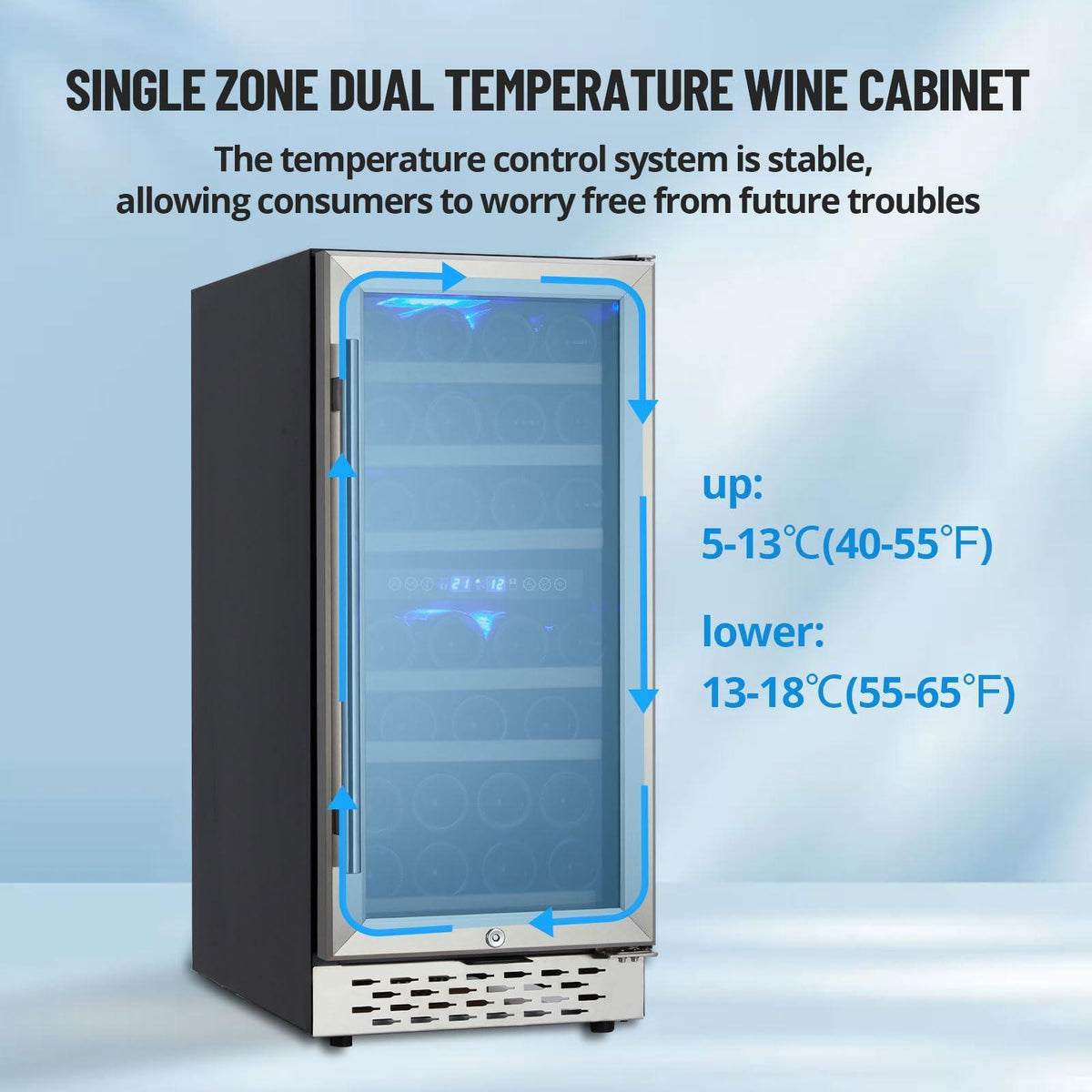 15 Inch Wine Cooler Refrigerator - 28 Bottle Capacity, Double-Layer Glass Door, Temperature Stable System, Digital Control, Single Area Dual Temperature, Built-in or Freestanding, with Lock