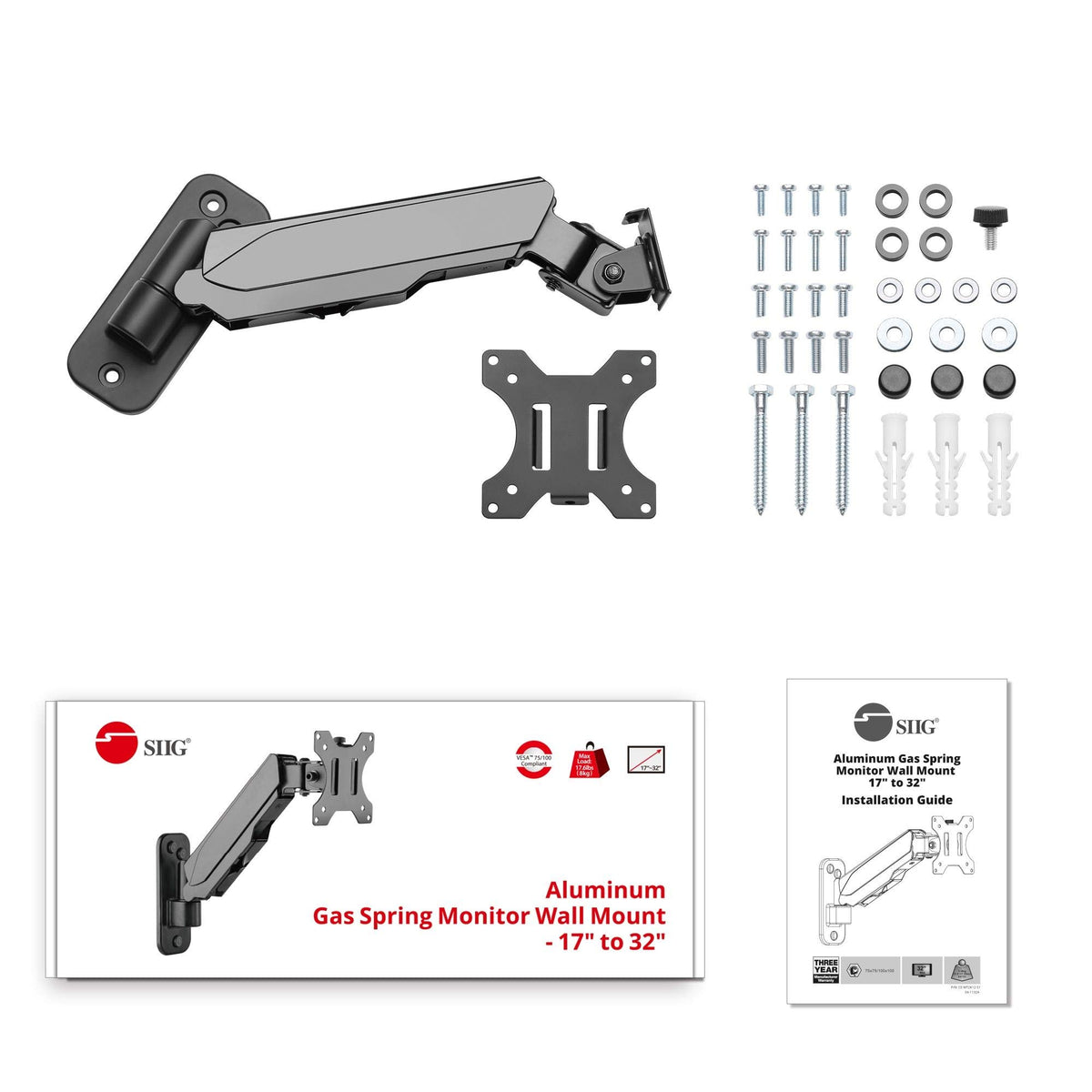 SIIG Aluminum Gas Spring Full Motion Ergonomic Single Arm Monitor Wall Mount - Heavy Duty Holds 17" to 32" Screen, up to 19.8 lbs - Single VESA 75/100m