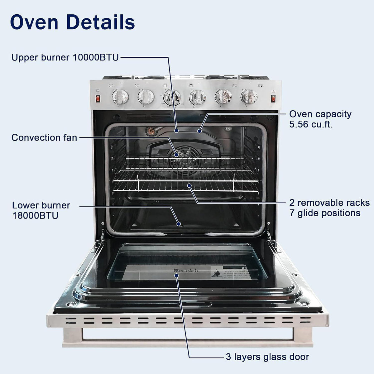 30 inch Gas Range Oven Gas Range Stove Convection Oven Stainless Steel Freestanding 5.56 cu.ft.4 Burners 42000BTU Large 3 Layers Tempered Glass Door Heavy Duty