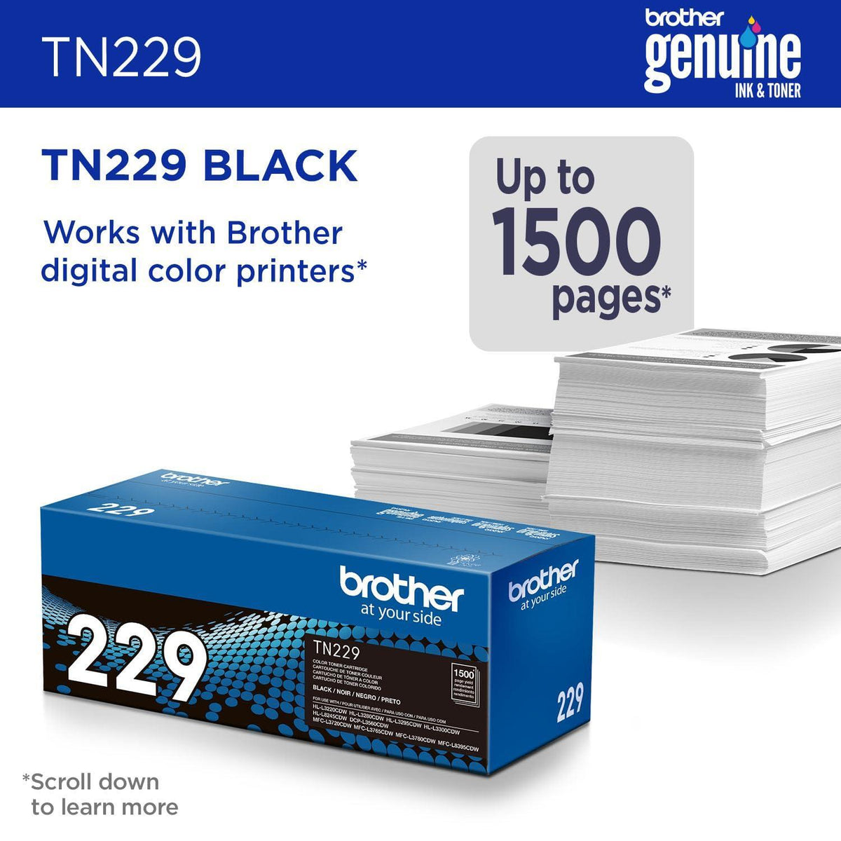 Brother Genuine TN229BK Black Standard Yield Printer Toner Cartridge - Print up to 1,500 Pages(1)