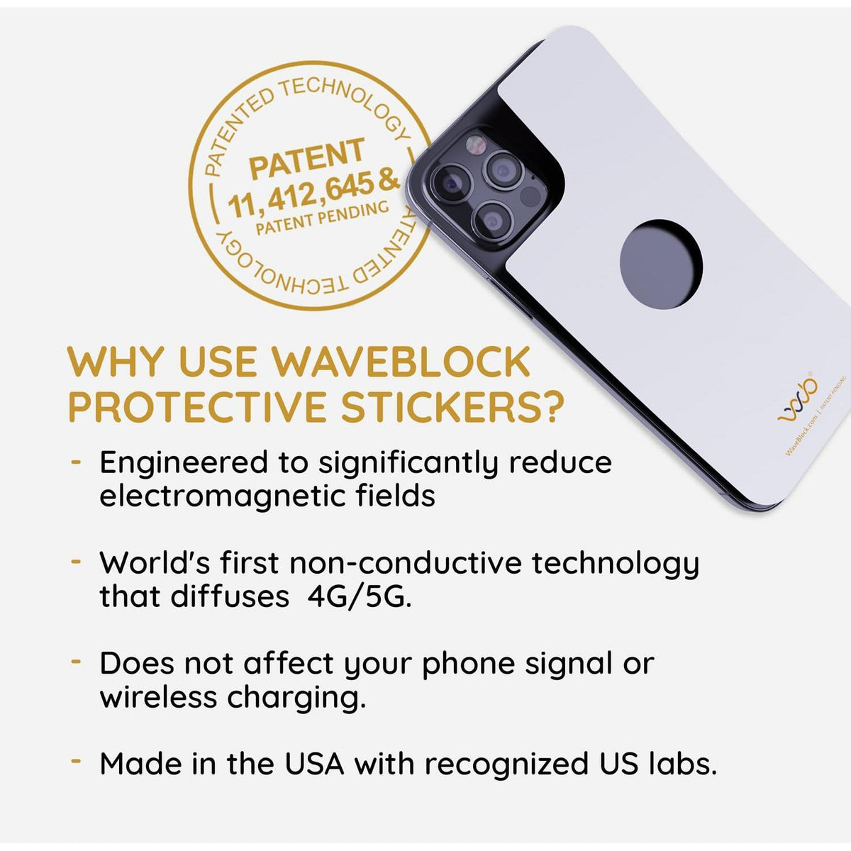 WAVEBLOCK EMF Blocker for Cell Phone - Made for iPhone 16/16 PRO - The Only Patented, Real Scientifically Backed, Lab-Tested 5G-Shield Sticker to Protect You & Your Loved Ones - USA Made White