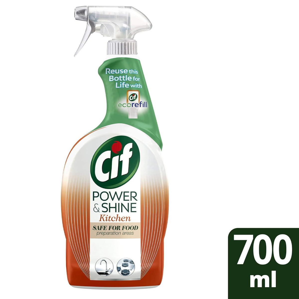 CIF Power & Shine Kitchen Cleaner Spray, Tough Grease & Stain Removal, Suitable for Chimney, Gas Stove, Hob, Tap, Tiles & Sink, 700ml