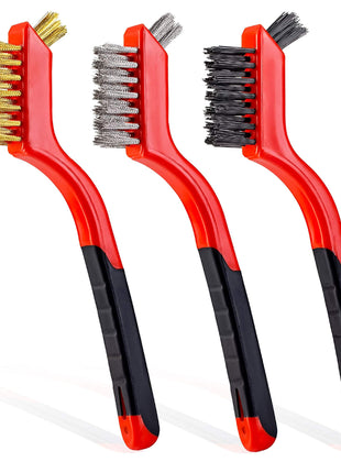 Lavaxon Wire Brush Set 3Pcs - Nylon/Brass/Stainless Steel Bristles with Curved Handle Grip for Rust, Dirt & Paint Scrubbing with Deep Cleaning – 7 Inches (Red)