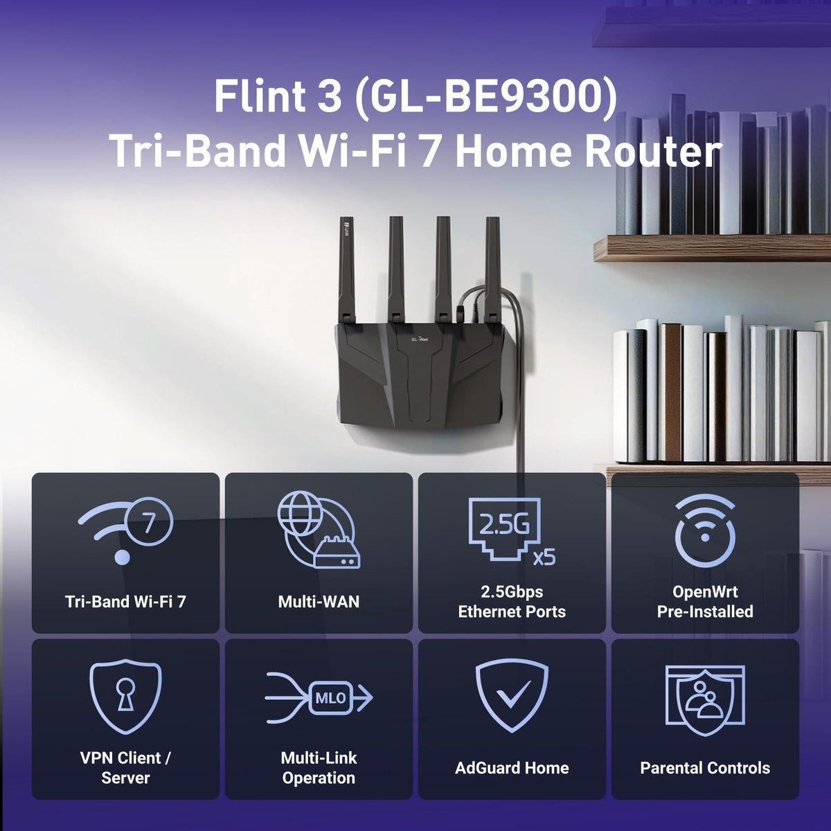 GL.iNet GL-BE9300 (Flint 3) Tri-Band WiFi 7 Router, High-Speed 6GHz Gaming WiFi Router for Wireless Internet, Long Range, 5 x 2.5G VPN Routers for Fiber Optic Modem, Computer Routers, Home & Business
