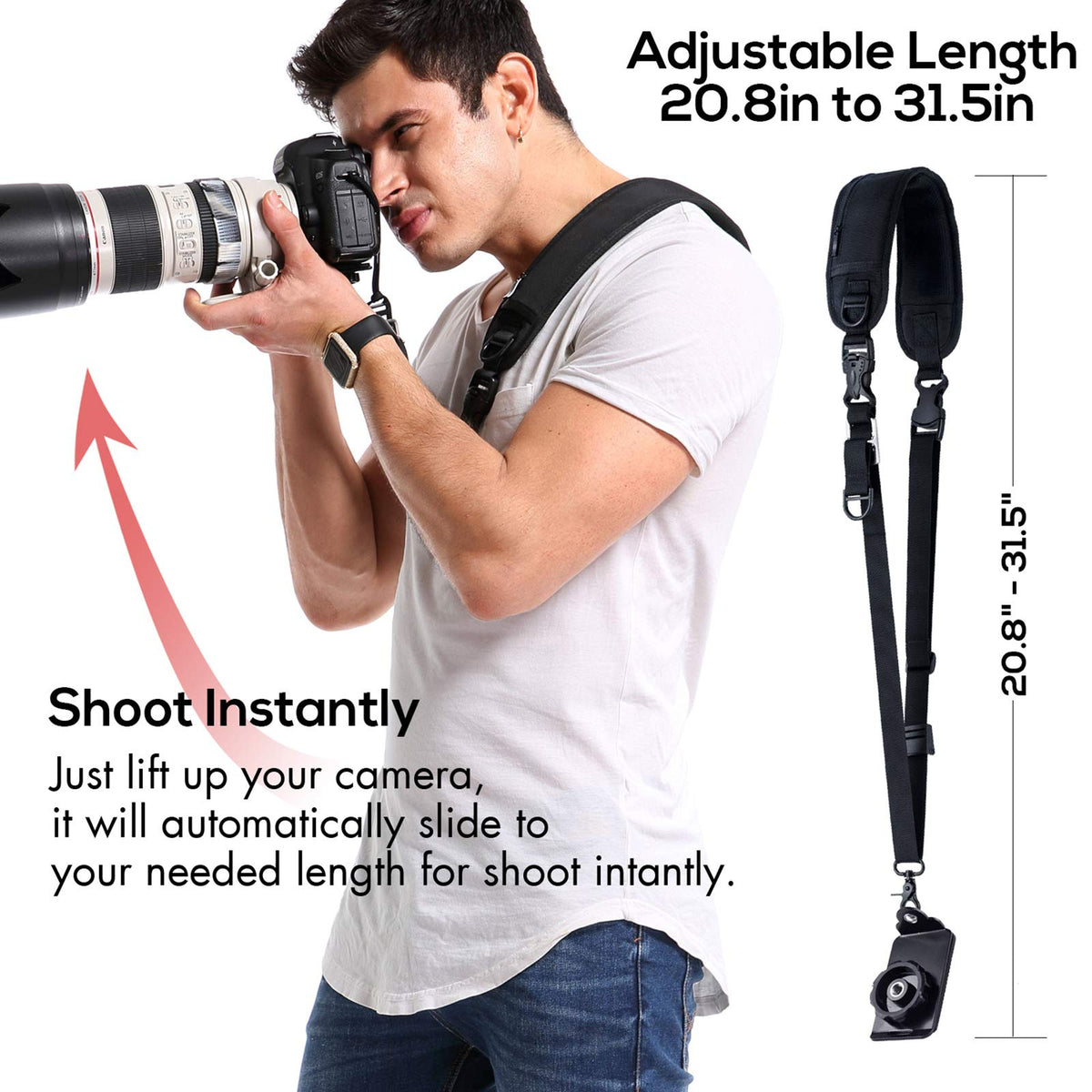 Waka Rapid Camera Neck Strap with Quick Release and Safety Tether, Adjustable Shoulder Sling Strap for Nikon Canon Sony Olympus DSLR - Black