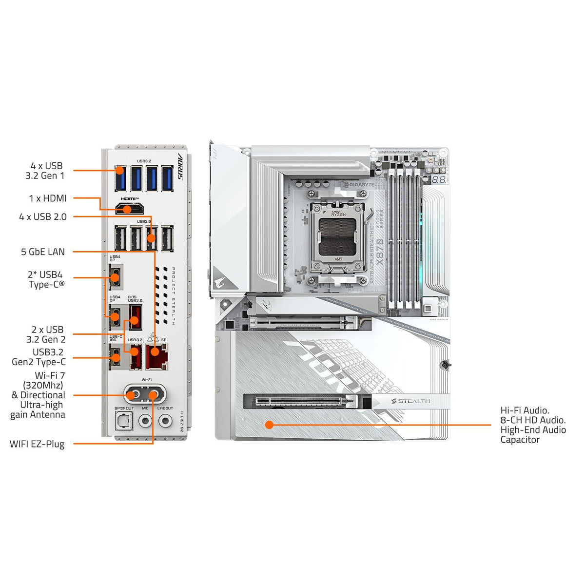 GIGABYTE X870 AORUS Stealth ICE AMD AM5 Motherboard, ATX, DDR5, 4X M.2, PCIe 5.0, 2xUSB-4,USB-C, WIFI7, 5GbE LAN, EZ-Latch