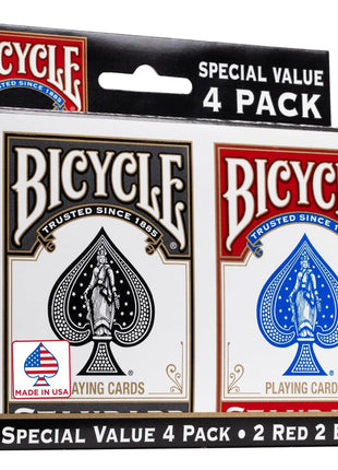 Bicycle Playing Cards 4 Pack Standard Index Poker Size Red and Black | Air Cushion Finish, Made in USA, 2 red and 2 black decks, 52 cards plus 2 Jokers per deck, For all card games