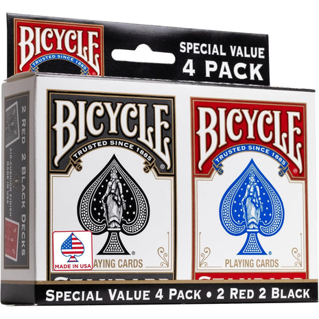 Bicycle Playing Cards 4 Pack Standard Index Poker Size Red and Black | Air Cushion Finish, Made in USA, 2 red and 2 black decks, 52 cards plus 2 Jokers per deck, For all card games
