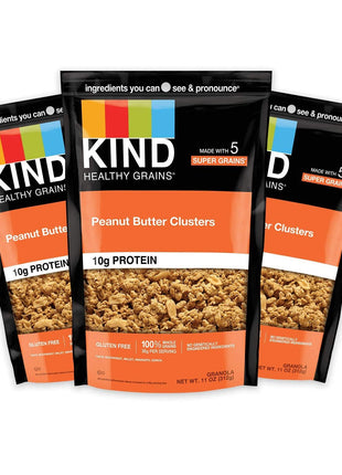 KIND Healthy Grains Granola, Peanut Butter Clusters, Healthy Snacks, Gluten Free, 100% Whole Grains, 10g Protein, 11oz, 3 Count