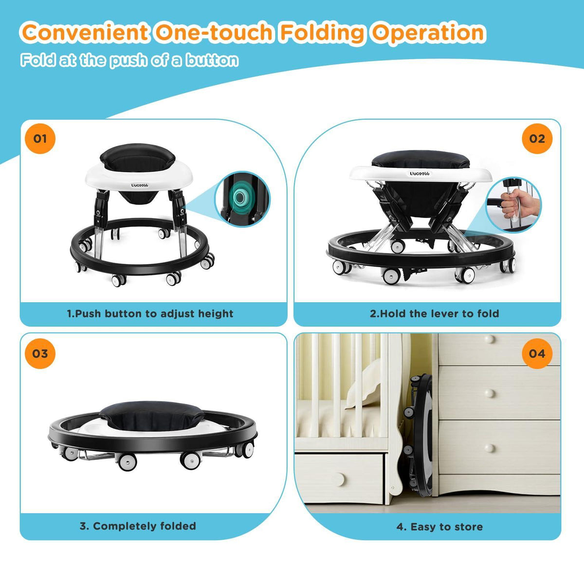 Uuoeebb Baby Walker with Wheels, One-Touch Folding Anti-Roll 8-Wheel Baby Walkers, 7-Speed Height Adjustment with Large Dinner Plate and Brake 6-18 Months Baby Walker, Black