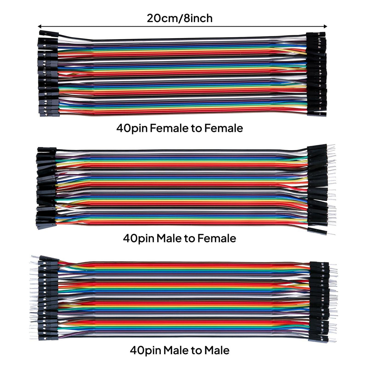 ELEGOO 120pcs Multicolored Dupont Wire 40pin Male to Female, 40pin Male to Male, 40pin Female to Female Breadboard Jumper Ribbon Cables Kit Compatible with Arduino Projects