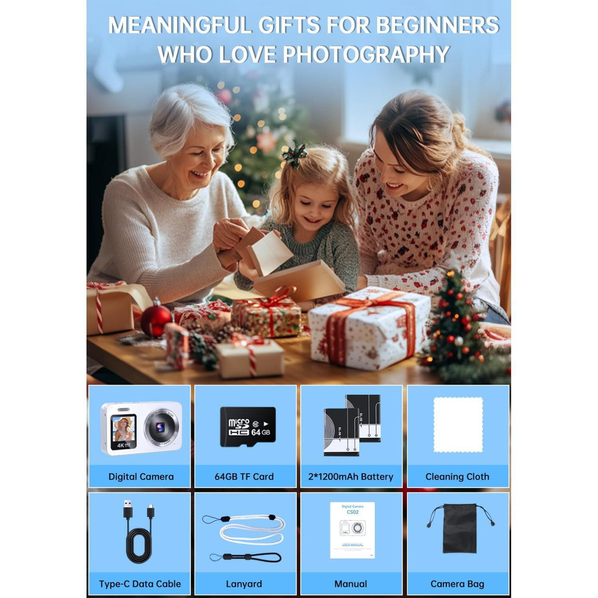 WABL Digital Camera, 4K 64MP UHD Dual Screens Camera, 18X Zoom, Portable Small Point and Shoot Digital Cameras with 64GB TF Card, 2 Rechargeable Batteries for Kids, Teens, Adult, Selfies, Gifts- White