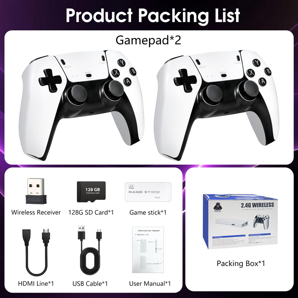 2025New Retro Game Console,40000+Games and 23 Emulators, with Dual 2.4G Wireless Controllers, Plug and play 4K HD HDMI TV Game Stick White (128GB)
